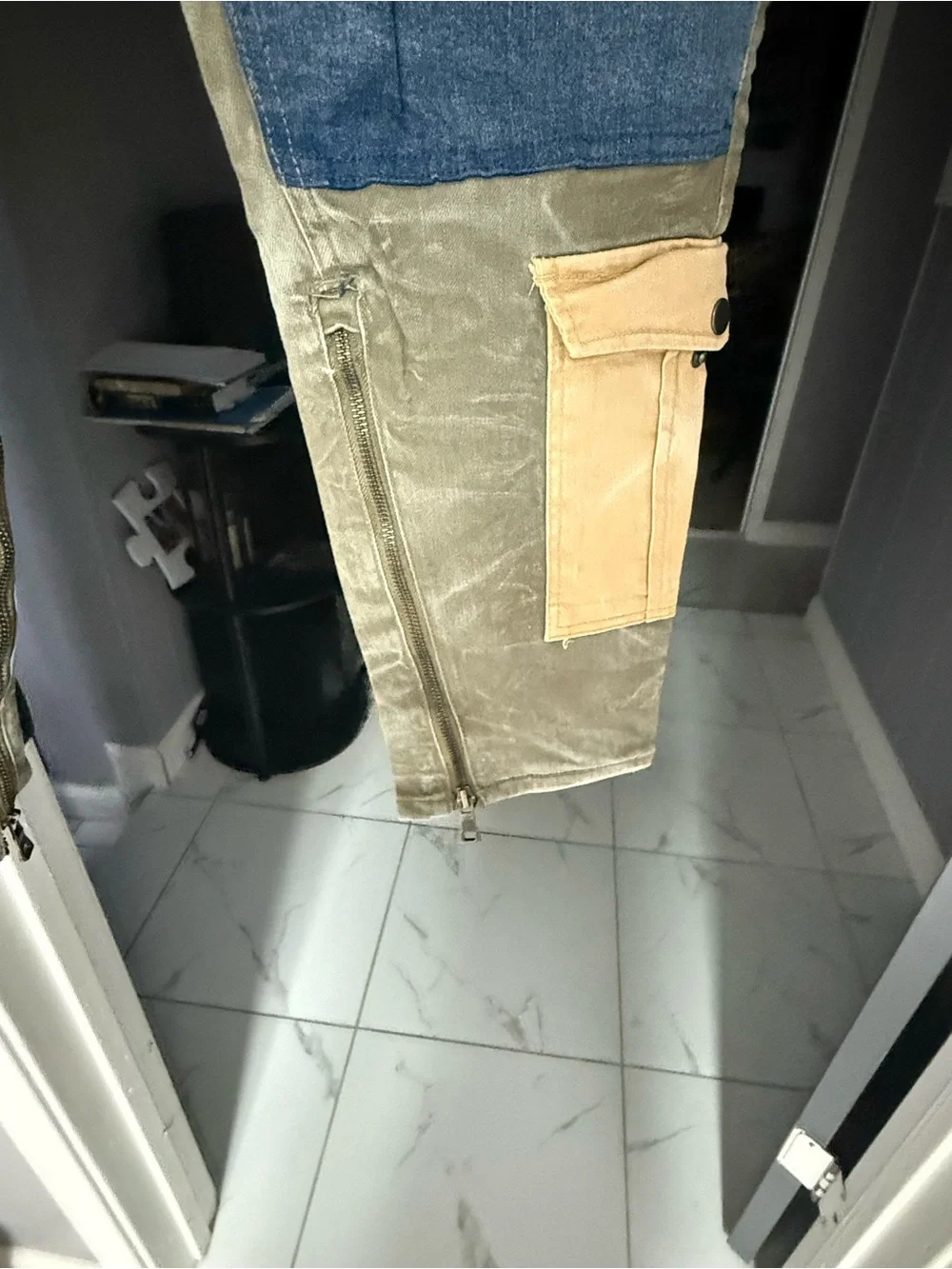 Jordan Craig Patchwork jeans in Olive Green with Multi-Panel Details